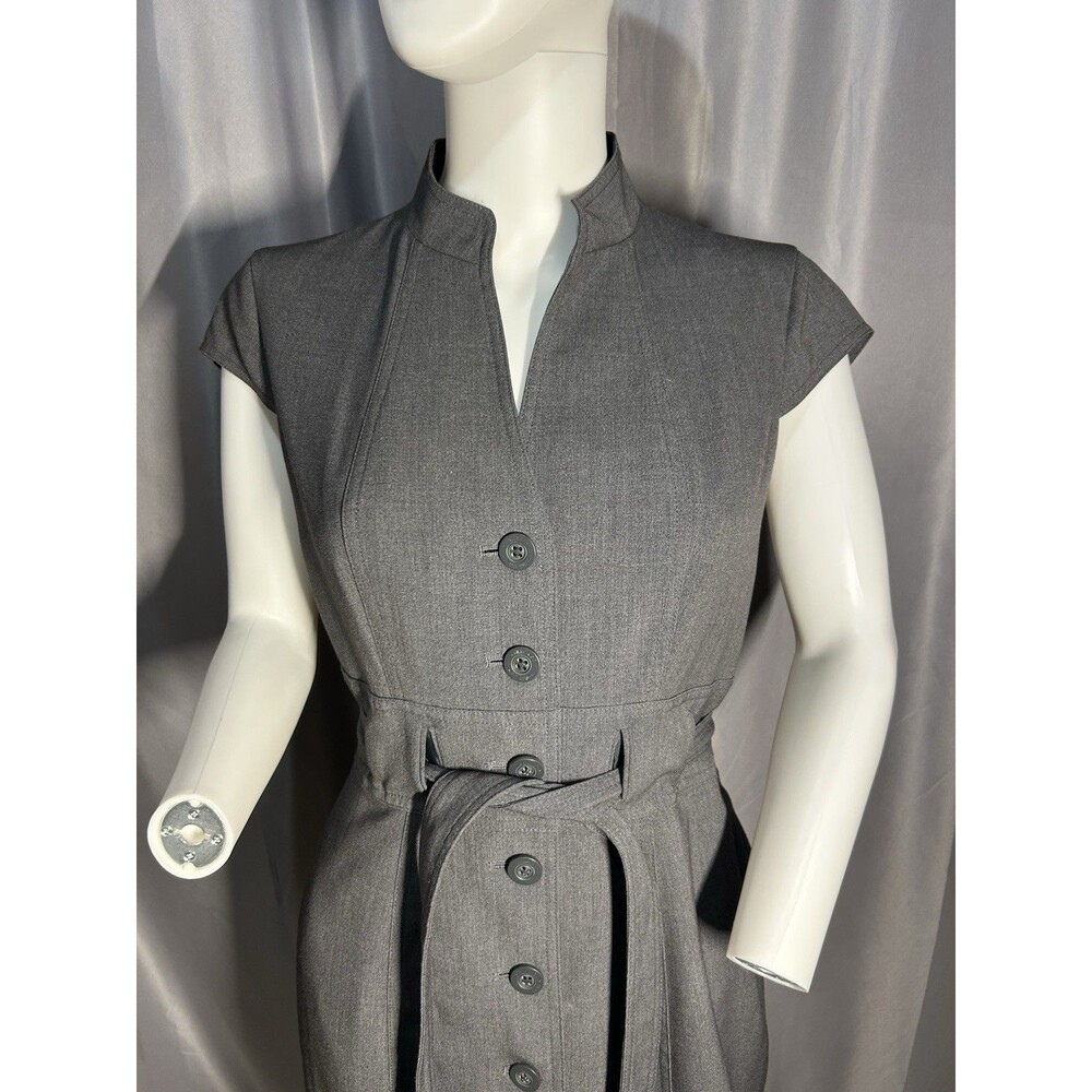 CALVIN KLIEN WOMEN’S SIZE 6 CAP SLEEVE BUTTON STRETCH BELTED GRAY CAREER DRESS - Picture 2 of 13